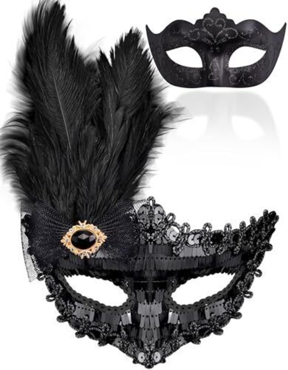 6487 Feather Masquerade Mask Couples Set Black Masquerade Masks Venetian